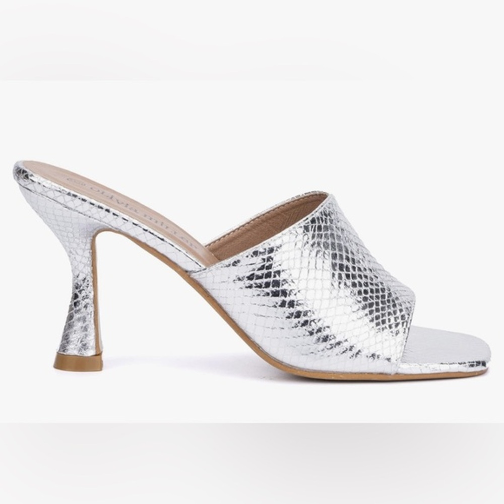 Olivia Miller Silver Textured High Heel Mule Sandals